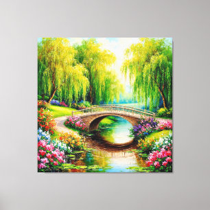Lienzo Hermoso puente en un paisaje florecido
