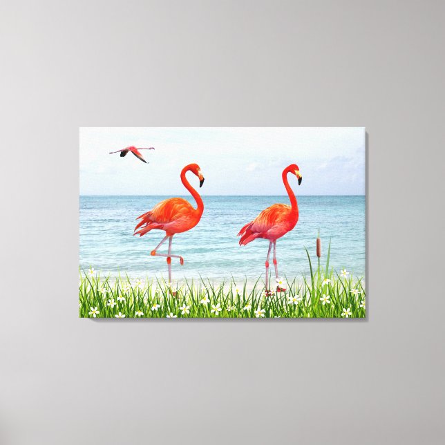 Lienzo Hermosos flamencos rojos cerca de flores blancas e (Anverso)