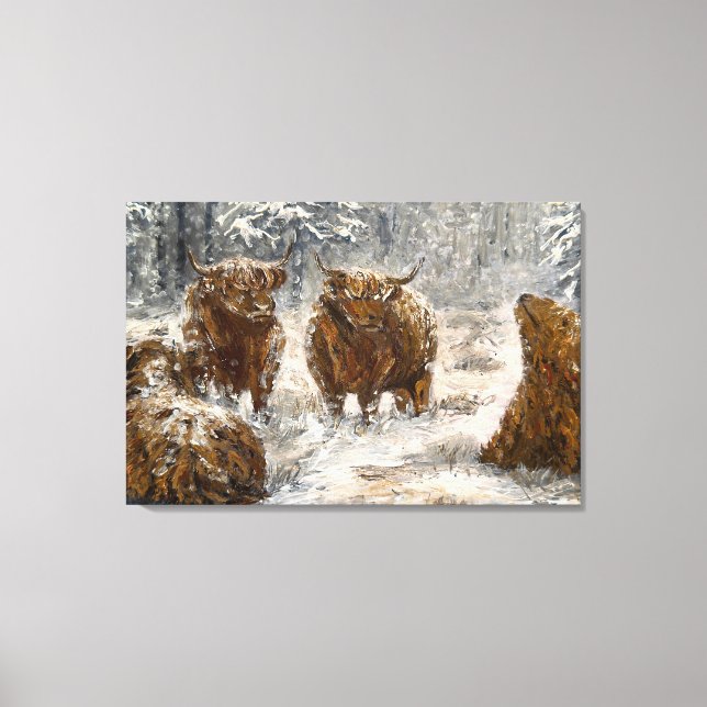 Lienzo  Highland Soul: Whimsical Snowy Cows Vintage (Anverso)