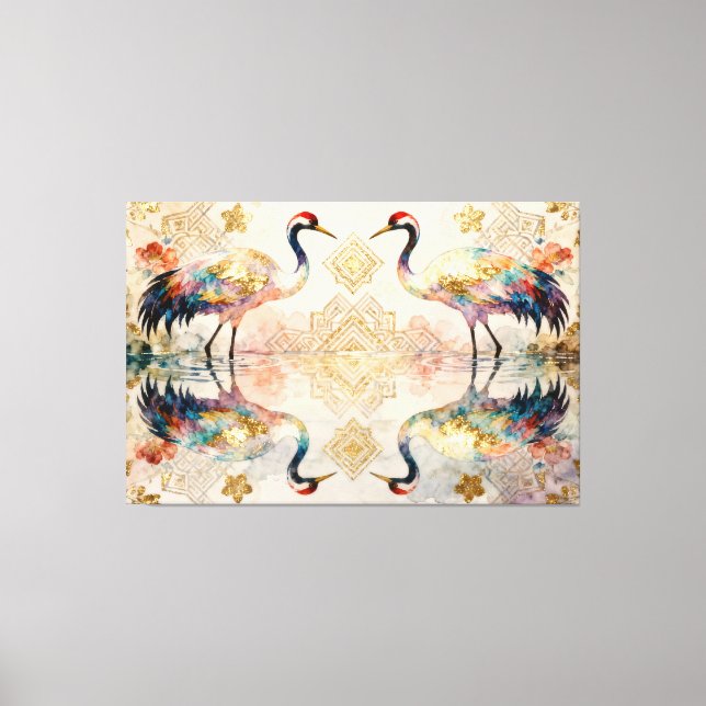 Lienzo Himmlische Kraniche in Harmonie - Wasserfarben  (Anverso)