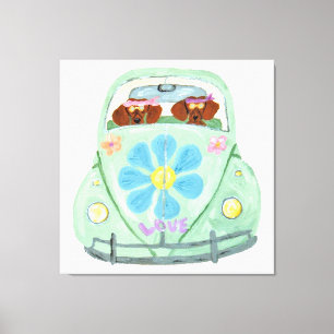 Lienzo Hippies Dachshund En Su Coche De Amor Floral
