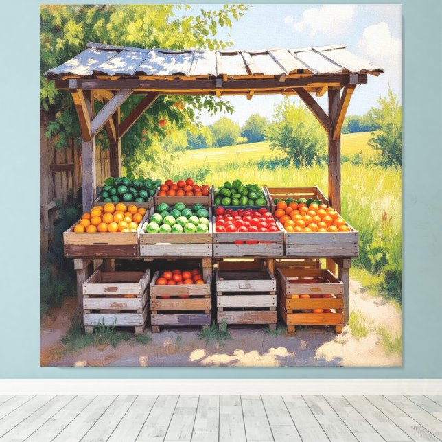 Lienzo Historischer Bauernstand mit Obst und Gemüse (Insitu (piso de madera))