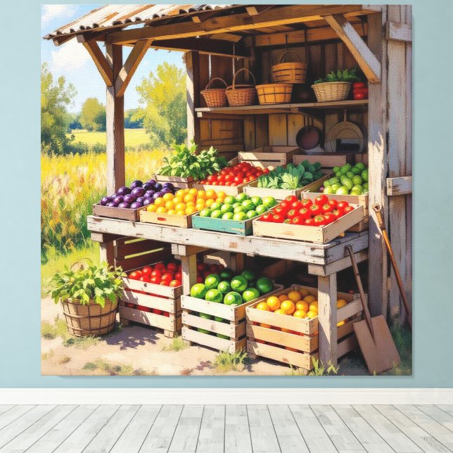 Lienzo Historischer Bauernstand mit Obst und Gemüse (Insitu (piso de madera))