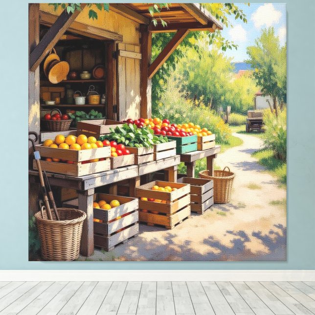 Lienzo Historischer Bauernstand mit Obst und Gemüse (Insitu (piso de madera))