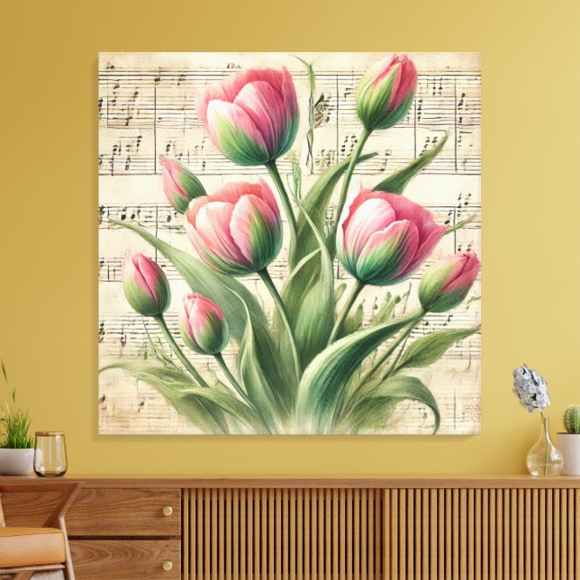 Lienzo Hoja de tulipanes rosa y verde personalizado (Insitu (Sala de estar))