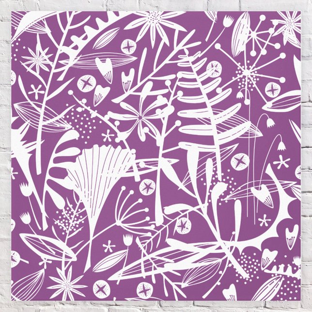 Lienzo Hojas botánicas Silhouette morado y blanco (Botanical leaves and flowers purple canvas art print)
