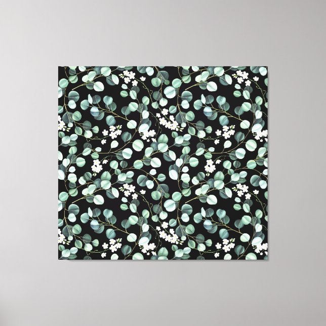 Lienzo Hojas de eucalipto: Patrón de flores blancas (Anverso)