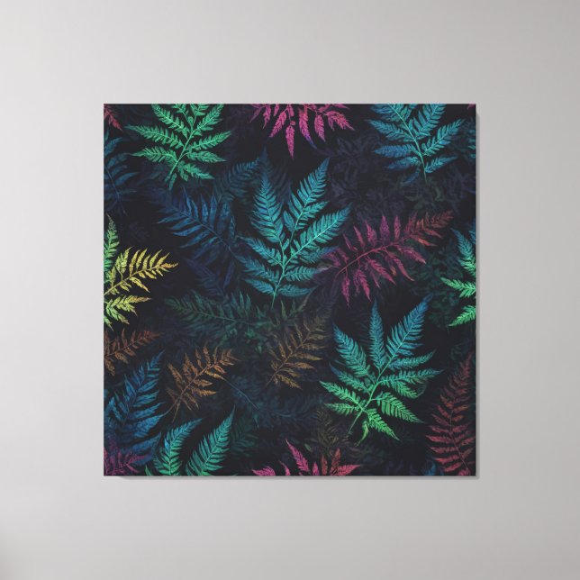 Lienzo hojas de helecho coloridas sobre un fondo negro (Anverso)