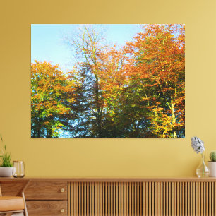 Lienzo Hojas de otoño y cielos azules -