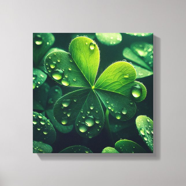 Lienzo Hojas de trébol verdes con gotitas de agua - (Anverso)