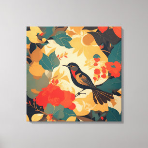 Lienzo Hojas florales de ave vendimiosa