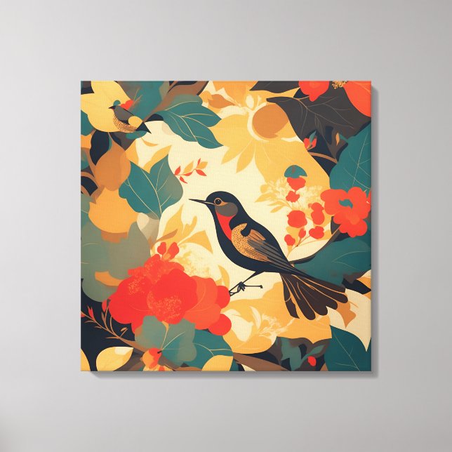 Lienzo Hojas florales de ave vendimiosa (Anverso)