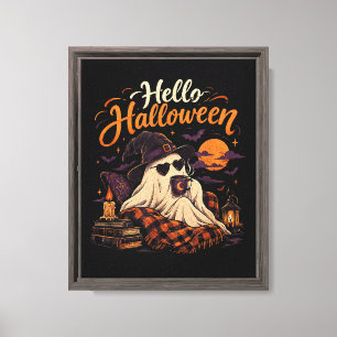 Lienzo Hola Halloween Fantasma Lindo Bebiendo Café