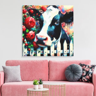 Lienzo Holstein Cow Picket Fence Red Roses Black Red