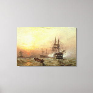 Lienzo Hombre en guerra lanzando un saludo al atardecer