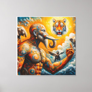 Lienzo hombre espiritual tigre elefante colorido