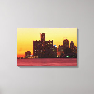 Lienzo Horizonte de Detroit en puesta del sol colorida