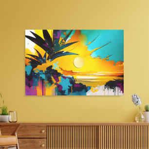 Lienzo Horizonte Dorado – Atardecer Tropical Abstracto