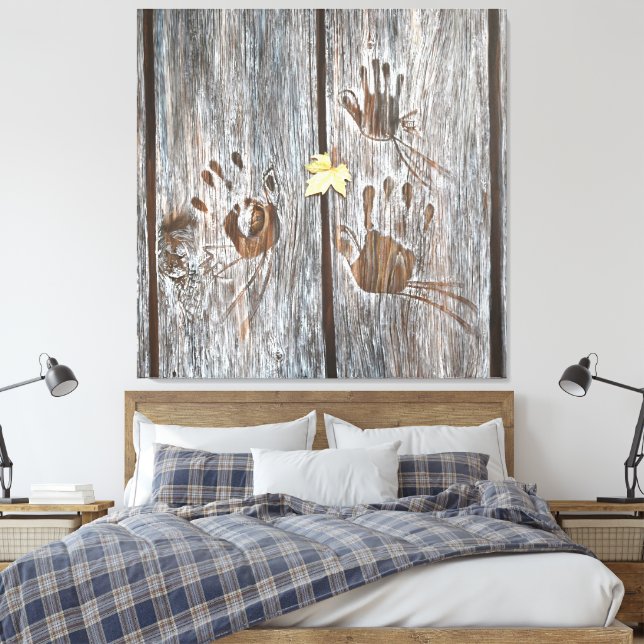 Lienzo Huellas de aves en tablas de madera con hojas de o (Insitu(Dormitorio))