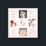 Lienzo Huellas múltiples de fotos de Rubor Keepsake<br><div class="desc">Crea un toque de natalidad que sea tan único como tu precioso hijo con este diseño de cuatro fotos de "Hola Pequeña" con el nombre de tu bebé, estadísticas de nacimiento, padres y nombres de hermanos. En el centro hay dos líneas de plantilla para tu mensaje personal o puedes usar...</div>