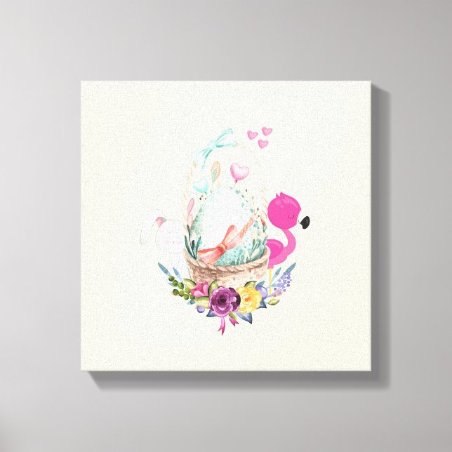 Lienzo Huevo dulce, flamencos rosados y conejito, acuarel (Anverso)