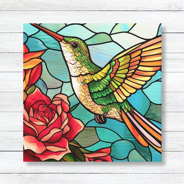 Lienzo Hummingbird Floral (Stained Glass Hummingbird with Roses - Kitchen Wall Canvas Art)