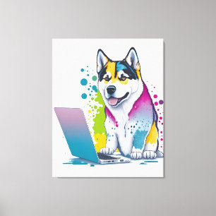 Lienzo Husky Dog Computer Rainbow Watercolor Tech Savvy