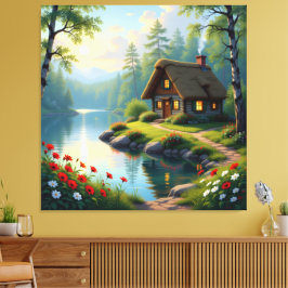 Lienzo Idyllisches Haus am See im Wald