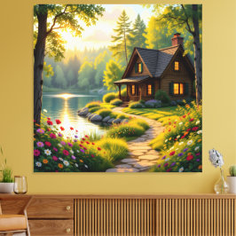 Lienzo Idyllisches Haus am See im Wald