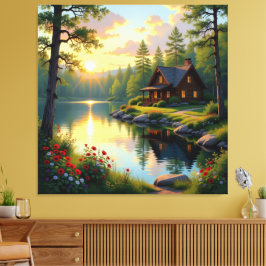 Lienzo Idyllisches Haus am See im Wald