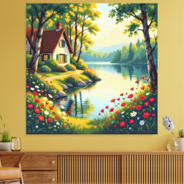 Lienzo Idyllisches Haus am See im Wald