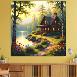 Lienzo Idyllisches Haus am See im Wald