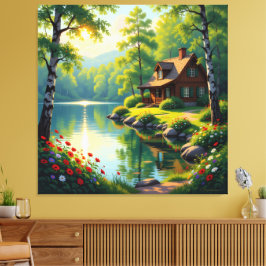 Lienzo Idyllisches Haus am See im Wald