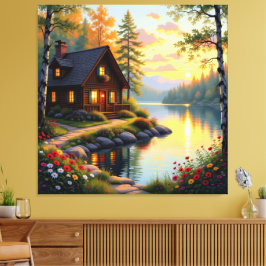 Lienzo Idyllisches Haus am See im Wald