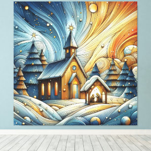 Lienzo Iglesia artística sinusal con árboles de Navidad