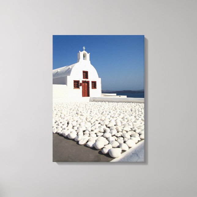 Lienzo Iglesia de Santorini con piedras blancas (Anverso)