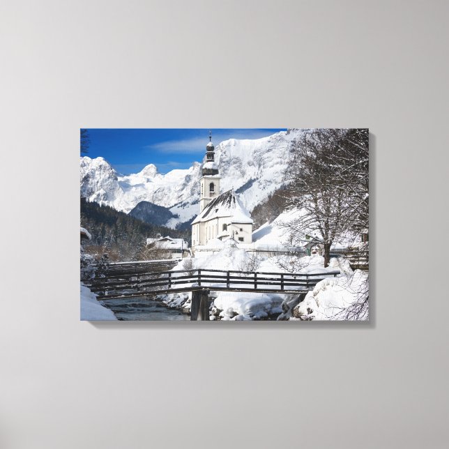 Lienzo Iglesia en la nieve con los Alpes (Anverso)