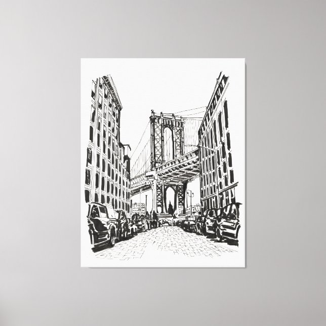 Lienzo Ilustracion blanco negro de Brooklyn Bridge Nueva  (Anverso)