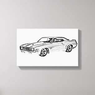 Lienzo Ilustracion Camaro Z28 en blanco y negro de 1969