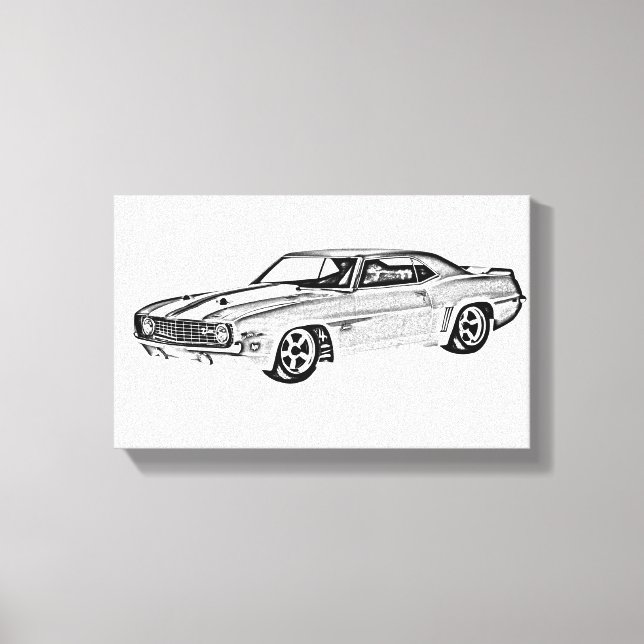 Lienzo Ilustracion Camaro Z28 en blanco y negro de 1969 (Anverso)