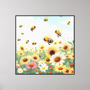 Lienzo Ilustración de abejas y flores lindas