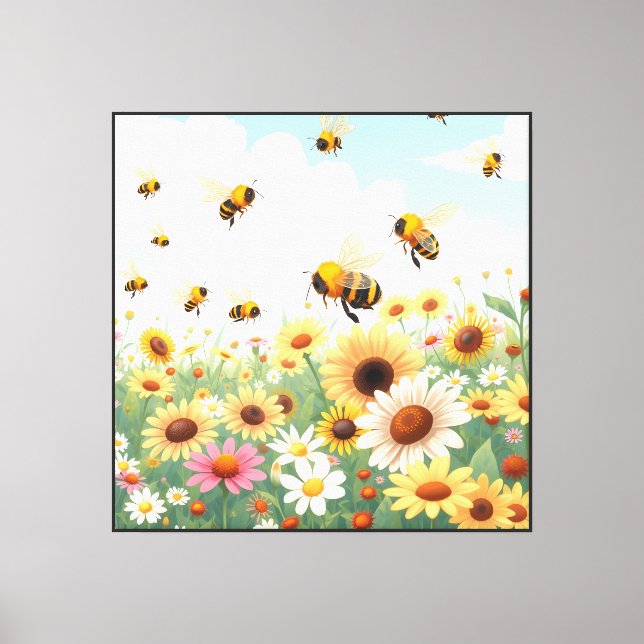 Lienzo Ilustración de abejas y flores lindas (Anverso)
