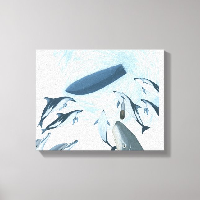 Lienzo Ilustracion de delfines mirando hacia un bote (Anverso)