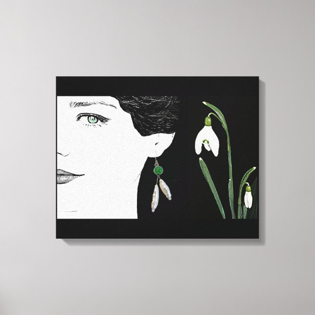 Lienzo Ilustracion de moda chica en perlas con arete flor (Anverso)