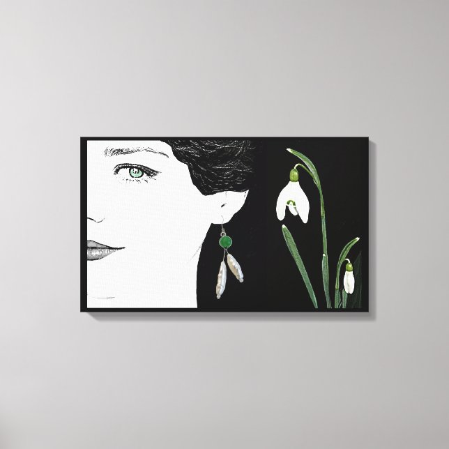 Lienzo Ilustracion de moda chica en perlas con arete flor (Anverso)