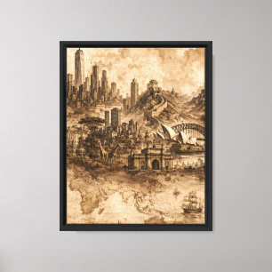 Lienzo Ilustración de monumentos del mundo con tinta sepi