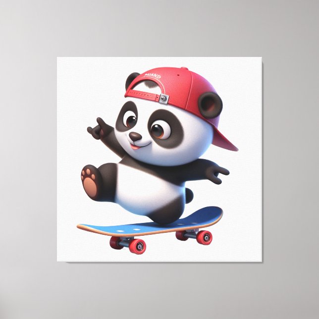 Lienzo Ilustración de Panda Monito Patinando (Anverso)