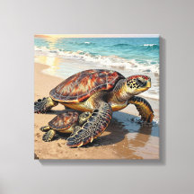 Ilustración de tortuga marina y bebé en la playa