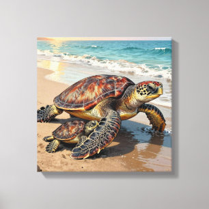 Lienzo Ilustración de tortuga marina y bebé en la playa