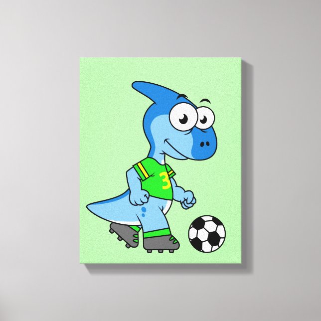Lienzo Ilustracion De Un Parasaurolophus Jugando Fútbol. (Anverso)